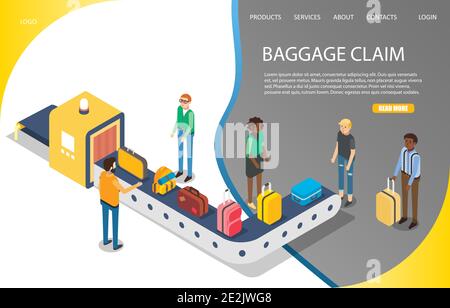 Airport baggage claim vector website landing page template. Isometric travelers getting luggage after arrival. Stock Vector