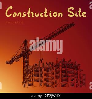 Building construction Illustration. Construction site and tower cranes Stock Vector