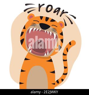 Cute tiger with open mouth roaring. Stock Vector