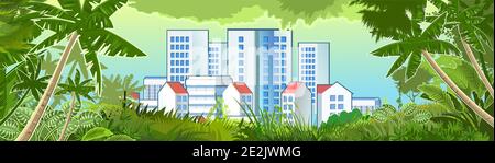 Southern City. Cityscape with palms and sky. View from the jungle. High-rise buildings, skyscrapers and high-rise buildings. Green park area. Flat Stock Vector