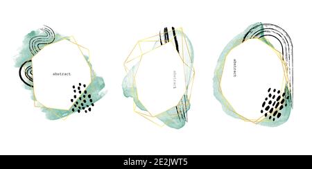 Hand drawn abstract polygonal golden frames set. Minimal geometric card with paint wash. Abstraction banner or poster with brush strokes and shapes. Stock Vector