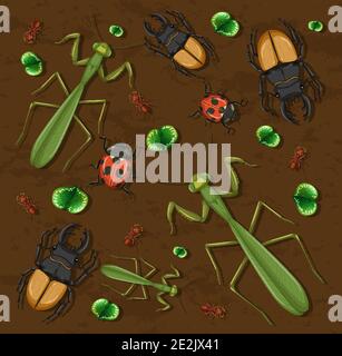 Set of different insects on wooden wallpaper background illustration ...