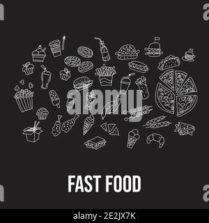 Set of fast food doodles on chalkboard. Vector illustration. Perfect for menu or food package design Stock Vector