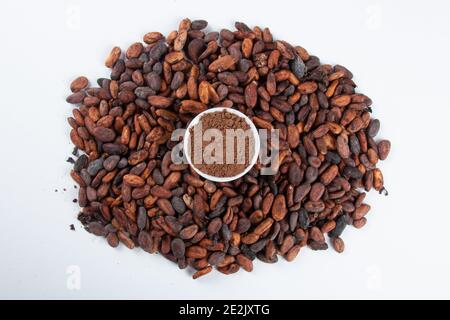 Cocoa powder over raw cocoa beans on white background Stock Photo
