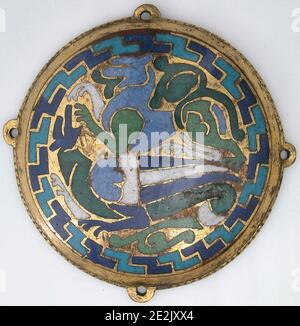 Combat Between Dragon and Dog (one of five medallions from a coffret), French, ca. 1110-30. Stock Photo
