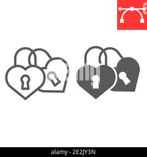 Love lock line and glyph icon, valentines day and wedlock, love padlock sign vector graphics, editable stroke linear icon, eps 10. Stock Vector