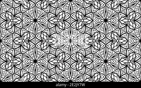 Seamless doodle flower pattern with ornaments. Black and white kaleidoscope wallpaper. Vector black and white natural texture. Fabric with boho petals Stock Vector