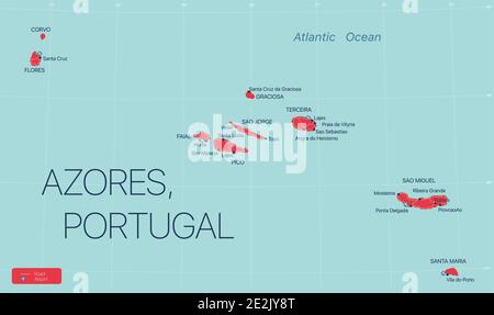 Azores islands, Portugal, detailed editable map with cities and towns, roads and railways. Vector EPS-10 file Stock Vector