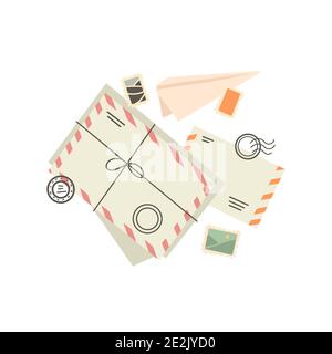 Hand drawn flat illustration of paper envelopes, marks, stamps and paper plane. Old mail delivery. Letters and correspondence. Vector illustration for Stock Vector