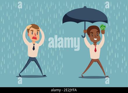 Man in the rain. Businessman go from the rain while another businessman has the umbrella. Stock Vector