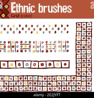 4 pattern brushes for Illustrator in tribal style, made from hand-drawn drawings. All brushes include outer and inner corner tiles. Stock Vector