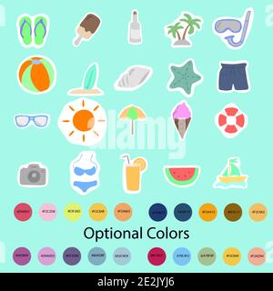 Illustration vector colorful summer icon set with optional color codes isolated on blue background Stock Vector
