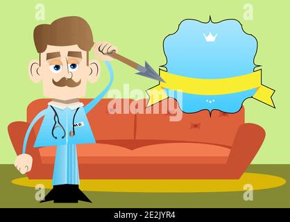 Funny cartoon doctor holding spear in his hand. Vector illustration. Health care worker as a warrior. Stock Vector