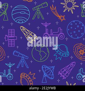 Colorful seamless pattern with space icons in thin line style. Spaceships, planets and other symbols on dark background. Stock Vector
