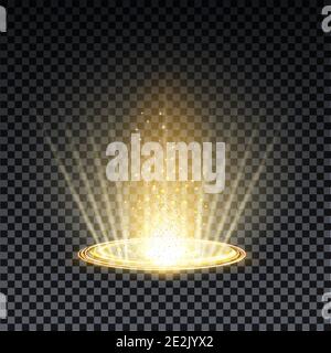 Gold hologram portal. Magic fantasy portal. Magic circle teleport podium with hologram effect. Vector gold glow rays with sparks on transparent background Stock Vector