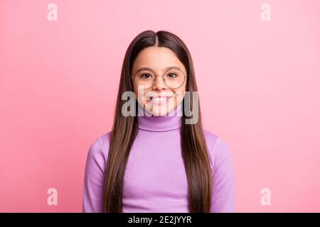 Close-up portrait of her she nice attractive pretty cheerful cheery intelligent diligent long-haired girl learner secondary school isolated over pink Stock Photo