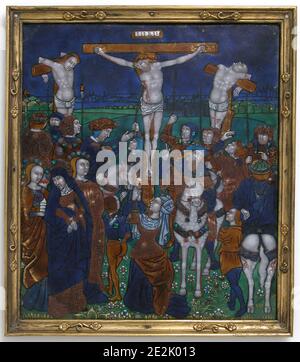 Plaque with the Crucifixion, French, late 15th-early 16th century.  Gestas was on the cross to the left of Jesus and Dismas to the right. Stock Photo