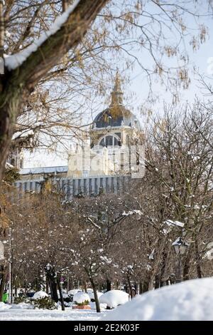Historic snowfall in Madrid, capital of Spain in January 2021. Almudena Cathedral Sunday, January 10 Stock Photo