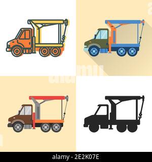 Boom crane truck icon set in flat and line styles. Cargo vehicle illustration. Transportation symbol isolated on white. Stock Vector