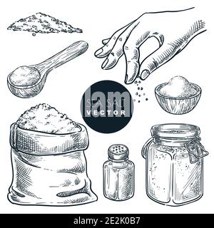 Sea salt in sack and salt shaker. Vector sketch illustration isolated on white background. Natural ingredient, seasoning spice. Hand drawn design elem Stock Vector