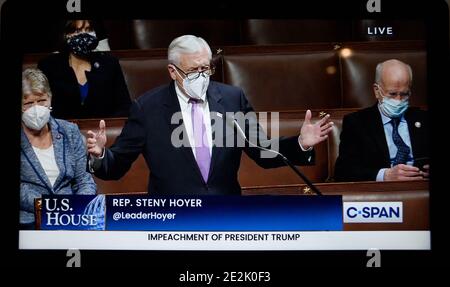 A C-SPAN television screen shot shows Rep. Steny Hoyer (D-Maryland) speaking in support of U.S. President Donald Trump's second impeachment. Stock Photo