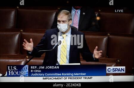 A C-SPAN television screen shot shows Rep. Jim Jordan (R-Ohio) leading U.S. President Donald Trump's defense at his second impeachment. Stock Photo