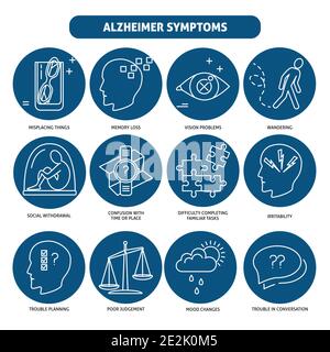 Collection of Alzheimer s disease icons isolated on white background. Seniors healthcare concept symbols in thin line style. Dementia, memory loss, mo Stock Vector