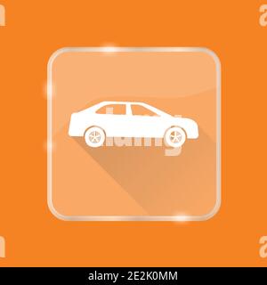 Flat style sedan car silhouette icon with long shadow on transparent square button Stock Vector