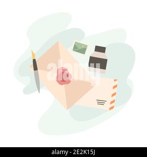 Hand drawn flat illustration of paper envelopes, marks, ink bottle and pen on abstract background. Old mail delivery. Letters and Correspondence. Vect Stock Vector