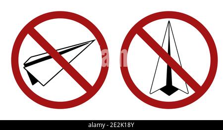 Pictogram of a paper airplane in a prohibition sign. Ban on letters and air transportation. Black and white silhouette in red forbidden sign. Vector b Stock Vector