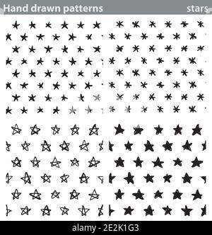 Four different seamless patterns made with hand drawn stars. Stock Vector