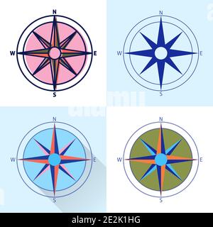 Compass rose icon set in flat and line styles. Wind rose isolated. Marine ship equipment colorful illustration. Stock Vector