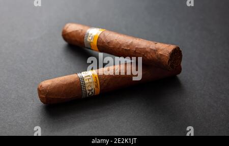 Athens Greece, December 30, 2020. Cohiba Cigars. Cuban premium quality robustos isolated on black background, closeup view Stock Photo