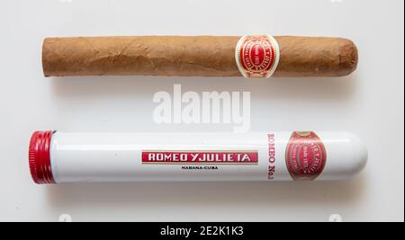 Athens Greece, December 30, 2020. Cigar Romeo Y Julieta package. Cuban premium quality and metal tube container isolated on white background, closeup Stock Photo