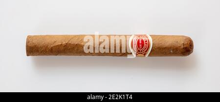 Athens Greece, December 30, 2020. Cigar Romeo Y Julieta. Cuban premium quality brand isolated on white background, closeup top view Stock Photo