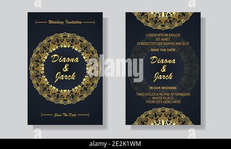 Wedding invitation card template with black and golden luxury mandala background Stock Vector