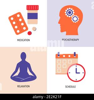 Depression treatment icons collection in flat style. Vector illustration with mental health symbols. Stock Vector