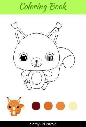 Coloring book little baby squirrel sitting. Coloring page for kids. Educational activity for preschool years kids and toddlers with cute animal. Stock Vector