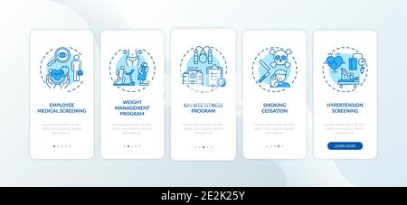 Workspace wellness programs onboarding mobile app page screen with concepts Stock Vector