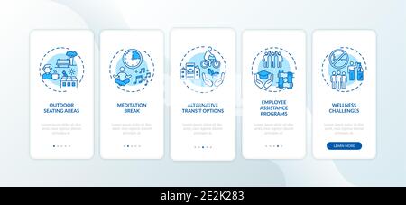Workspace wellness practices onboarding mobile app page screen with concepts Stock Vector