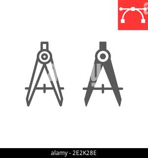 Divider line and glyph icon, compass and architect, divider sign vector graphics, editable stroke linear icon, eps 10. Stock Vector