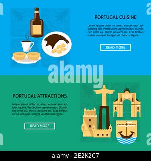 Portugal architecture and cuisine banner or flyer templates in flat style. Traditional attractions symbols with ceramic tiles on background. Travel il Stock Vector
