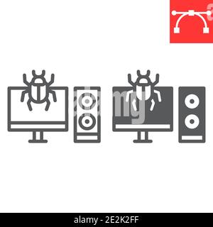 Infected computer line and glyph icon, security and pc virus, computer virus attack sign vector graphics, editable stroke linear icon, eps 10. Stock Vector