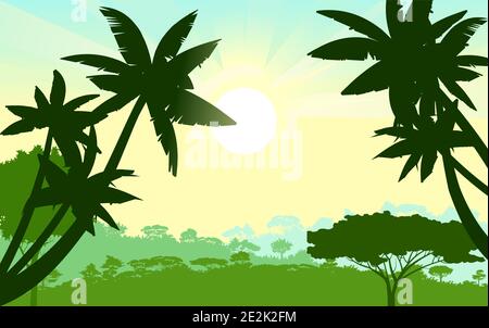 Palm trees. Jungle silhouette. Rainforest. Panoramic landscape. The morning sun is on the horizon. Dense rainforest with exotic trees. Vector Stock Vector