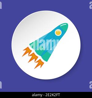 Space rocket icon in flat style on round button. Spaceship symbol isolated on white background Stock Vector