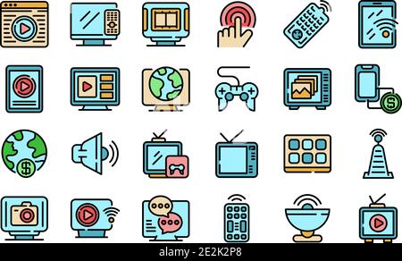 Interactive tv icons set. Outline set of interactive tv vector icons thin line color flat on white Stock Vector
