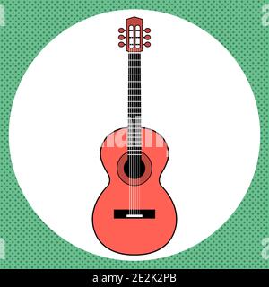 Classical red guitar. Stringed musical instrument. Vector isolated illustration on a round background. Stock Vector