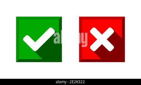 Yes and No or Right and Wrong or Approved and Declined Icons with Check Mark and X Signs with Shadow in Green and Red Squares. Vector Image. Stock Vector