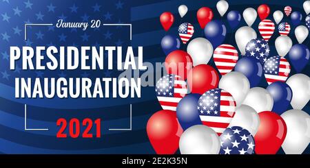 Presidential inauguration USA January 20, 2021 banner with flying in the sky balloons. Social distancing concept US president inauguration with text Stock Vector