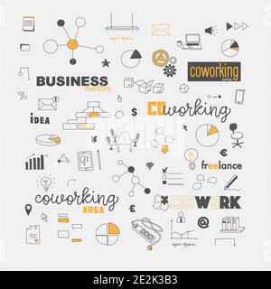 Vector elements of doodles concept of coworking, co-work and freelancing. Logo and icons. Hand drawing illustrations for web banner, design, booklets. Stock Vector